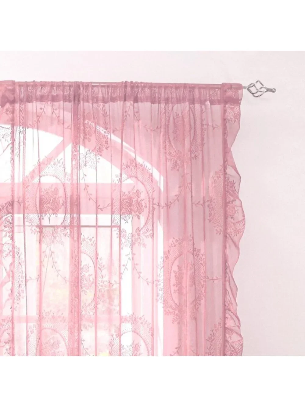 102” Pink Lace Curtains Set - Vintage Boho Sheer Floral Embroidery Window